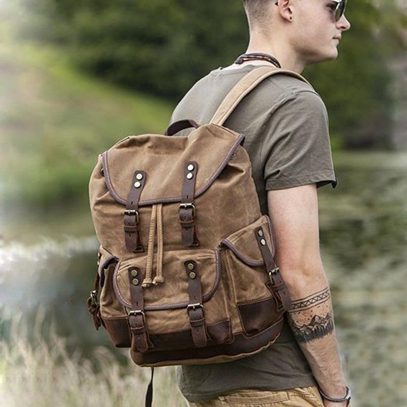 Backpack Wax Canvas For Men School Bag Student Travel Rucksack Vintage Retro Waterproof Laptop