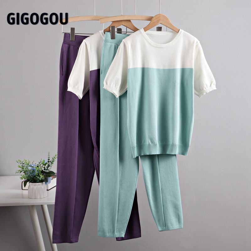 Summer Tracksuits Womens Two Pieces Set Chic Outfits Knitted Cotton T Shirt High Waist Carri Pants Candy Color Clothing