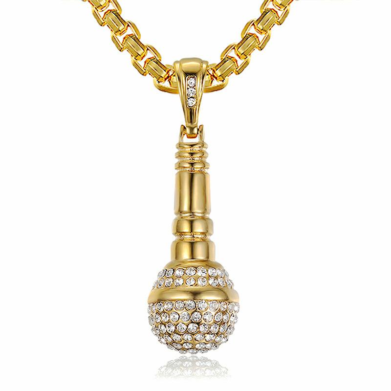Pendant Necklaces Golden Iced Out Microphone Necklace Men Stainless Steel Chain Hip Hop Jewelry Punk Male 2021 Trend Friends Gift