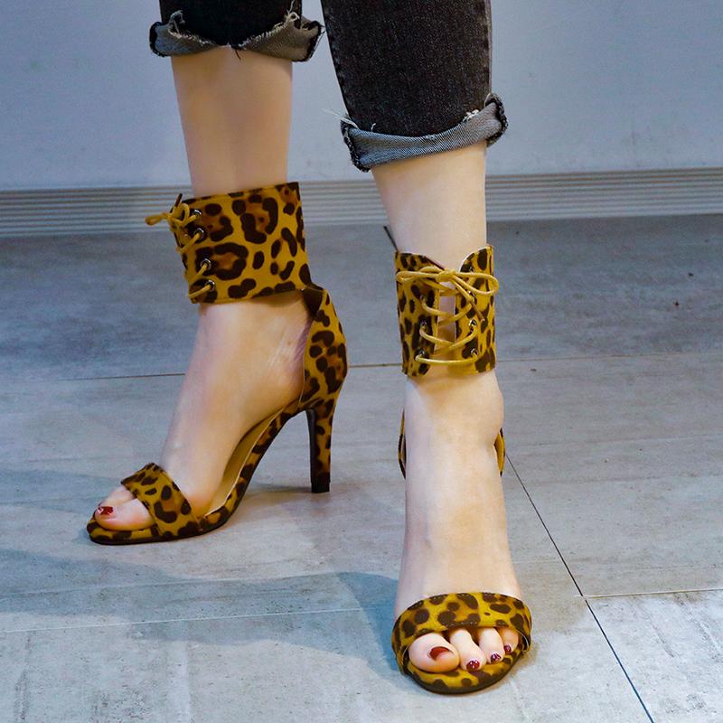 Sandals 2021 Summer Women Black PU Leather T-strap Lace Up Stiletto High Heeled Shoes Lady Leopard Grain