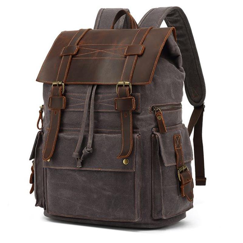 Backpack Vintage Waterproof Waxed Canvas Backpacks Crazy Horse Leather Men School Bags Teenagers Laptop Travel Bag Rucksack