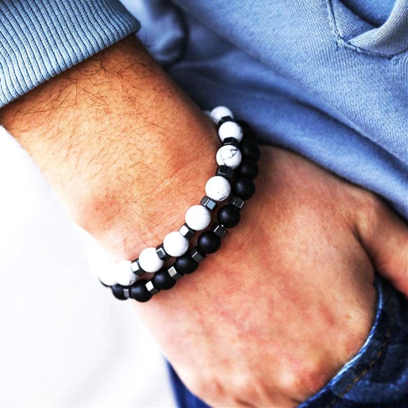 Beaded, Strands Black White 8mm Natural Stone Beads Bracelet 2pcs-set Men Women Couple Bracelets Jewellery For Pulsera Hombre Armband 2021