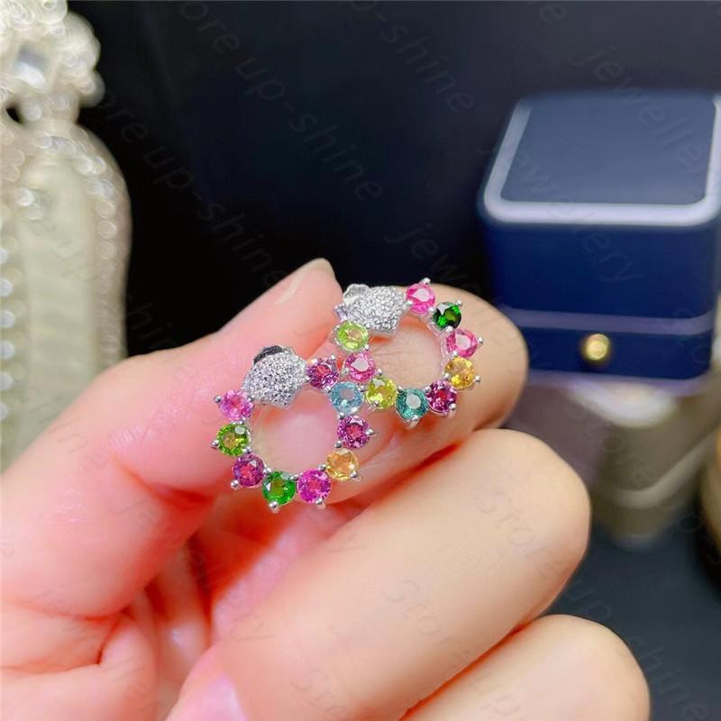 Stud Style 925 Silver Inlaid Natural Brazilian Tourmaline Earrings, Candy Color, Fresh And Lovely