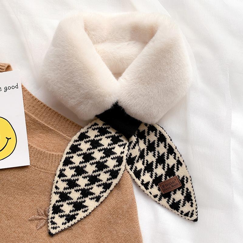 Scarves 2021 Winter Scarf For Women Wool And Rabit Fur Bandana Knitted Plaid Pied De Poule Warm Collar Luxury Female Neck Wraps