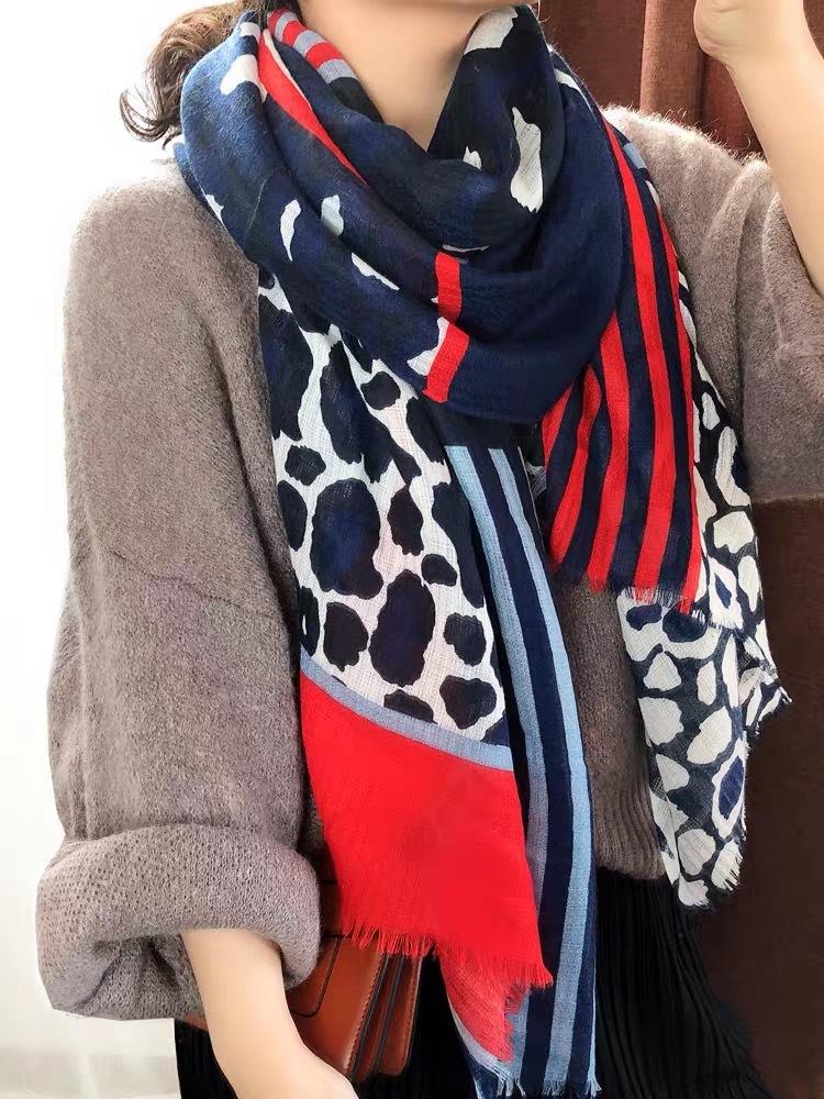 Scarves Women Winter Scarf Female Autumn Spring Spain Style Blue Red Leopard Pattern Patchwork Echarpe Femme Hiverbufanda Mujer