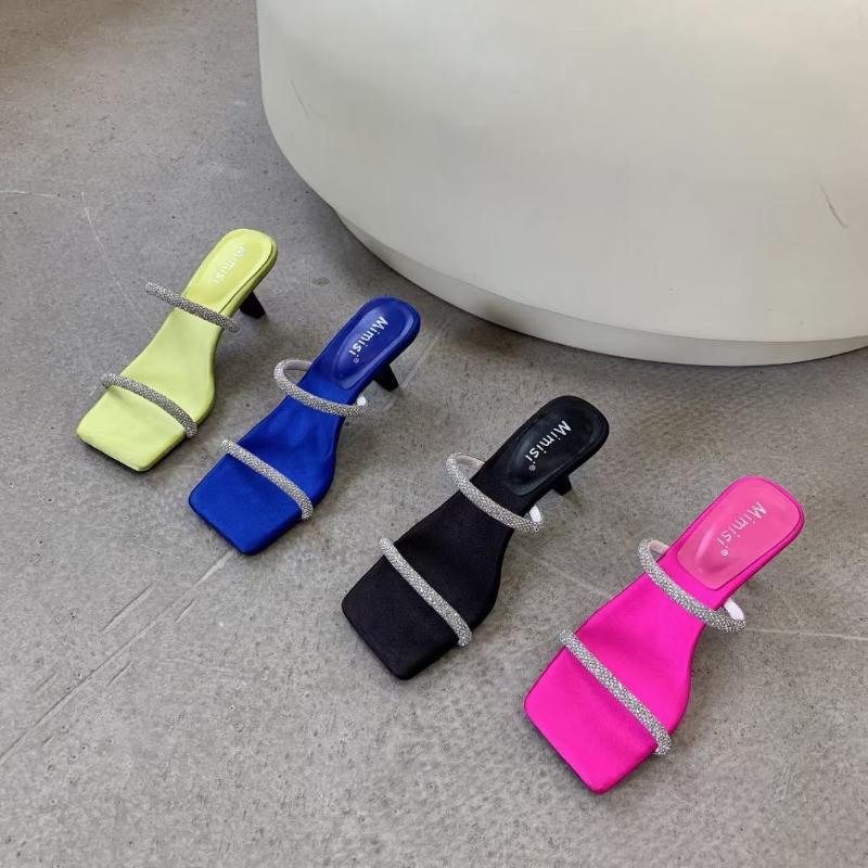 Slippers Rhinestone Narrow Band Thin High Heels Candy Color Black-Pink-Blue-Yellow Summer Party Pumps Mule Shoes Slip On Slides