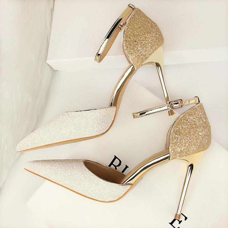 Dress Shoes 2021 Women 10cm Stiletto High Heels Glitter Sandals Lady Stripper Sequins Gold Silver Wedding Pumps Luxury Quality Prom