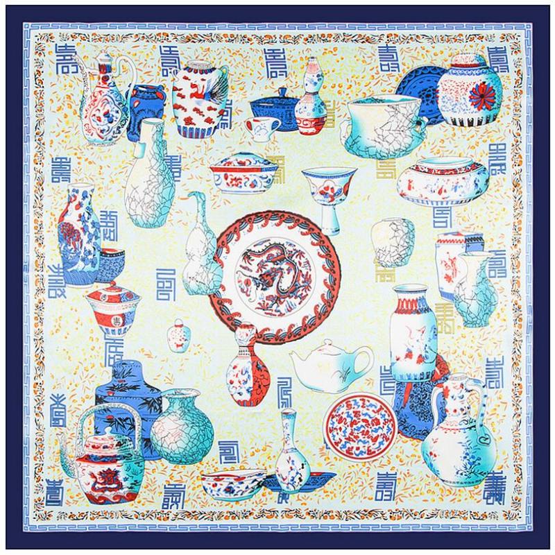 Scarves 90x90cm Retro Style Silk Scarf Women Blue And White Porcelain Pri NeckerChief Bandana Square Muslim Headscarf