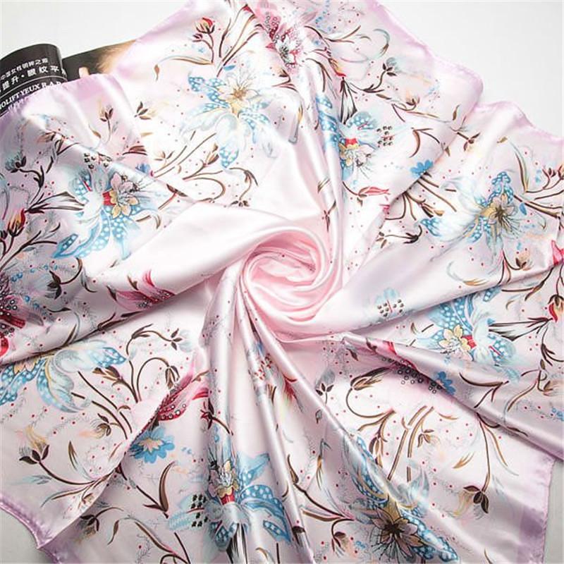 Scarves 90x90cm Fashion Style Silk Scarf Women Pink Flowers Garden Painting NeckerChief Bandana Square Muslim Headscarf