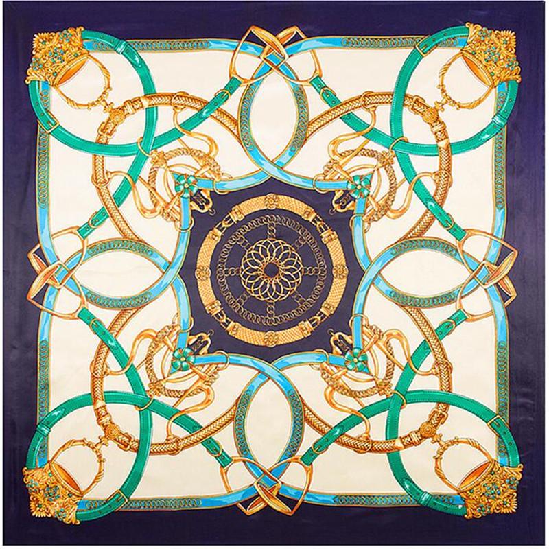 Scarves 90x90cm Europe Style Imitation Silk Scarf Women Chain Belt Luxury Pattern NeckerChief Bandana Square Muslim Headscarf