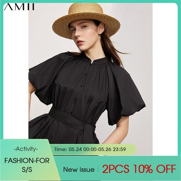 Minimalism Summer Women&#039;s Dress Fashion Vintage Stand Collar Belt Puff Sleeve Knee-length Aline 12140580 210527