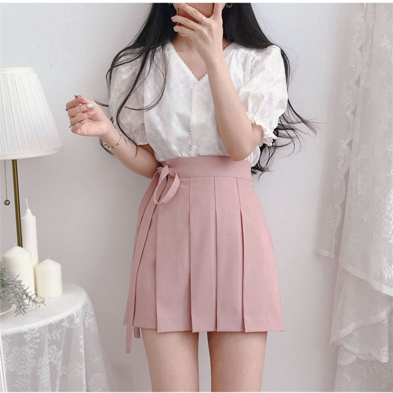 Skirts Bow Lace Up Summer Pleated Women High Waist Pink Mini Zipper Simple Plus Size Black Short Korean Z465 8VW9