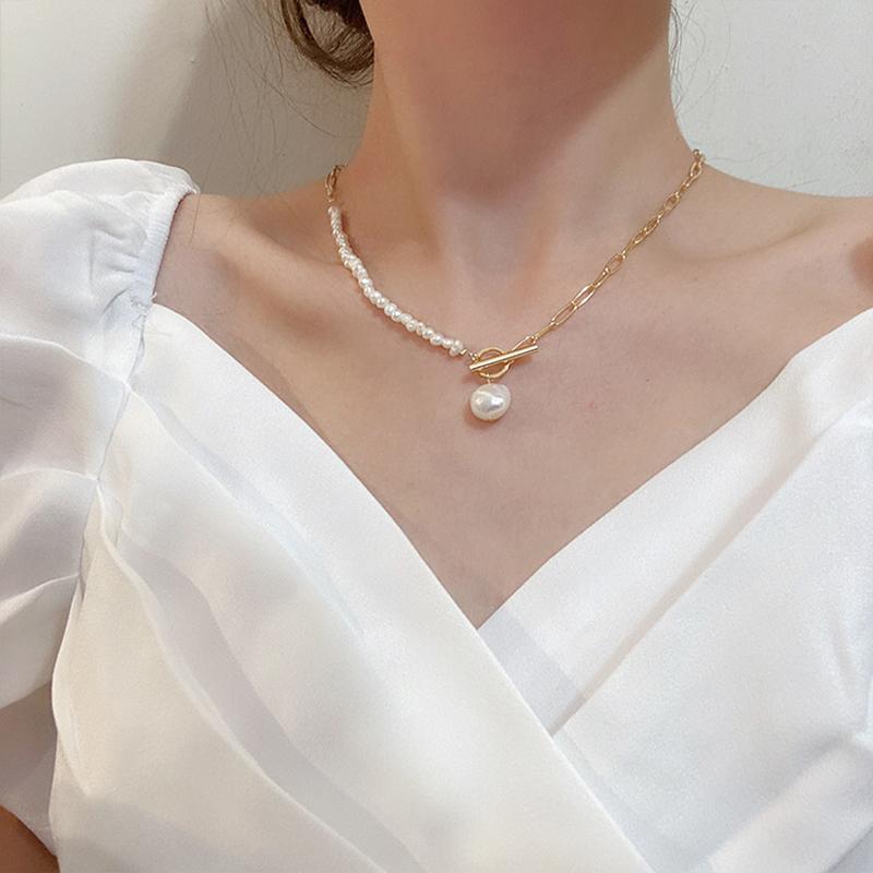Chokers Elegant Natural Freshwater Pearl Necklace For Women Gold Chunky Link Chain Asymmetry Toggle Clasp Circle