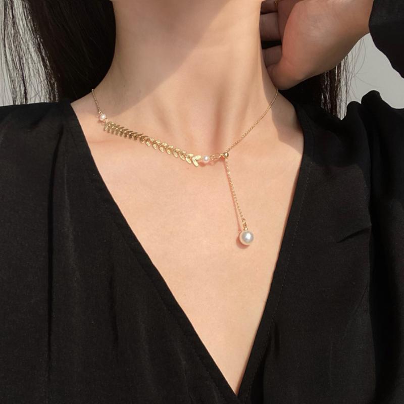 Chokers Golden Wheat Ear Necklace Pearl Pendant Choker Fashion Personality Asymmetrical Collarbone Chain For Women Jewelry Charms Gift