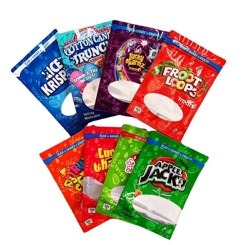 empty edible bag strawberry shortcake fruity pebblez lucky charmz treat packaging small zip lock top resealable stand up snack mylar bags smell proo