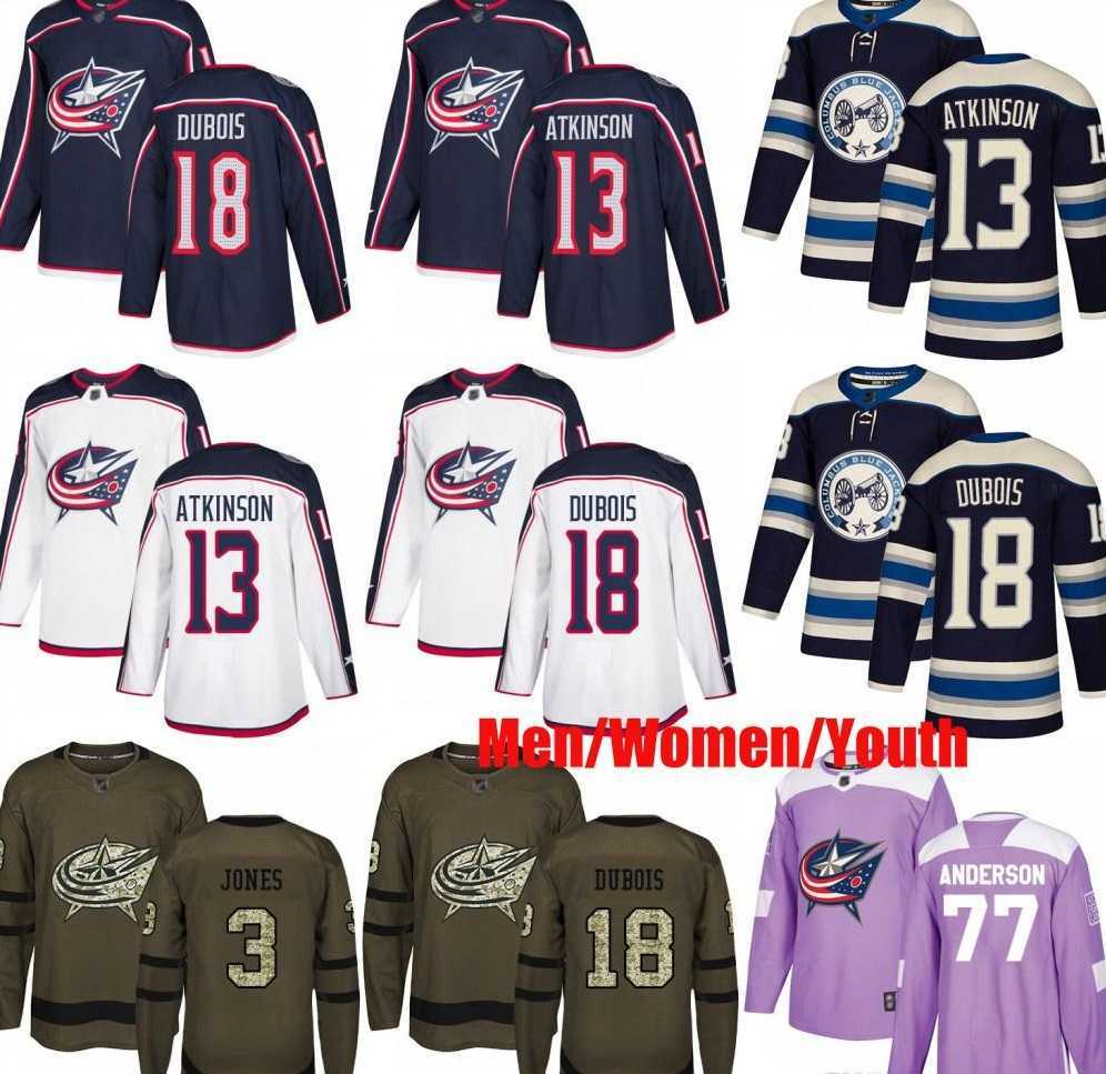 Custom Columbus Blue Jackets 3 Seth Jones 8 Cam Atkinson 18 Pierre-Luc Dubois Zach Werenski Anderson USA Flag hockey Men Women Youth jersey