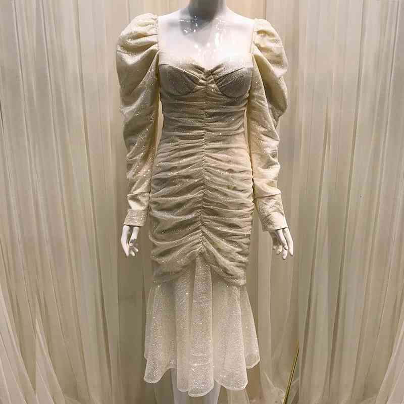 Casual Dresses Women Glitter Vintage Mermaid Midi Square Collar Long Sleeve Ruched Party T32M