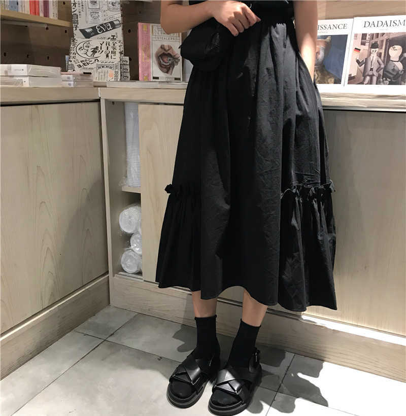 Skirts Vintage High Waisted Skirt Women Spring Autumn Teens School Girls Frill Pleated Ruffles Patchwork Long Midi Black Goth DKGH