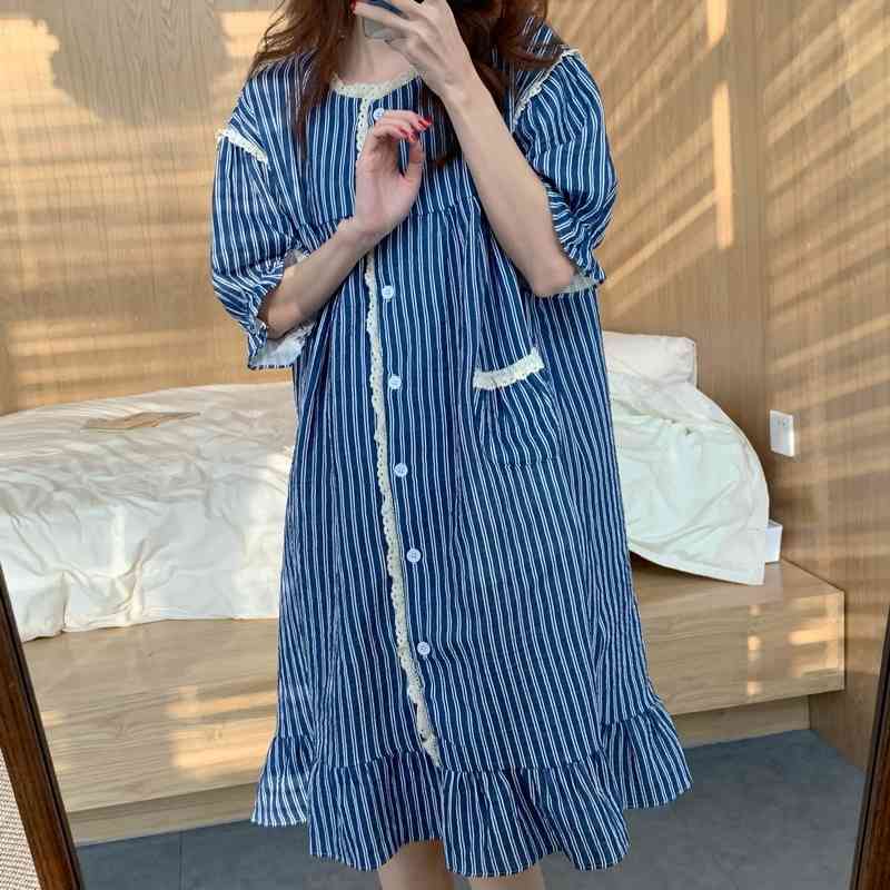 Casual Dresses 2021 Chic Princess Striped Dress Pajamas Cotton Femme Sleepwear Soft Homewear Summer Loose Sweet Nightdress TRP2