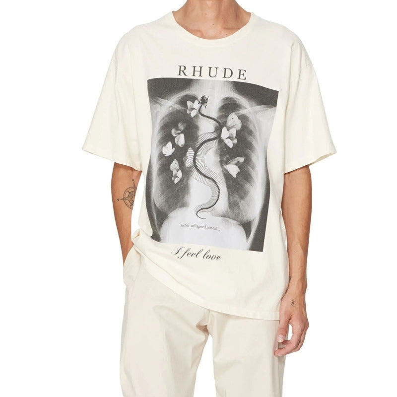 Check out the beauty trend rhude skeleton butterfly print high street loose Street hip hop short sleeve T-shirt for men