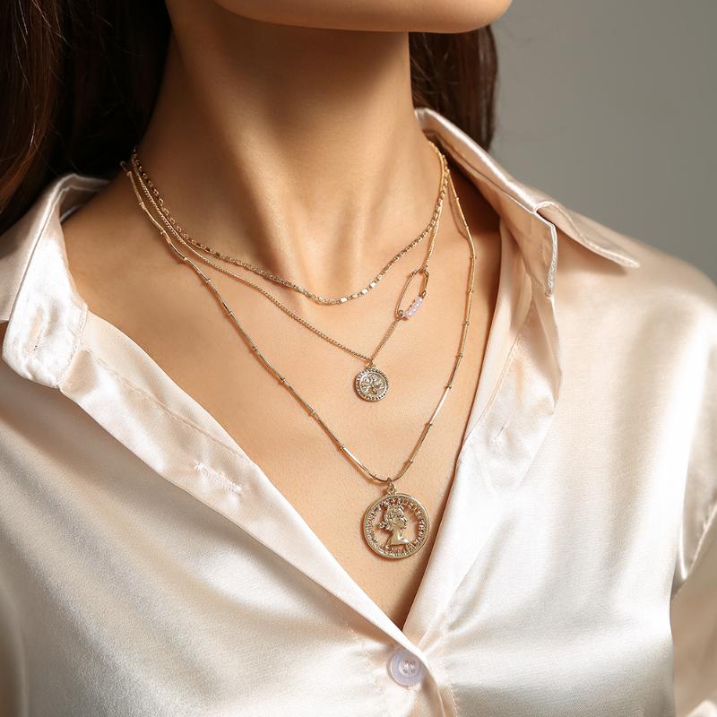 Pendant Necklaces European And American Ins Fashion Beauty Head Coin Multi Layer Clavicle Neck Chain Chaoren Street Po Personality Versatile