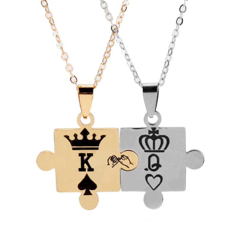 Pendant Necklaces Crown King Queen Poker Couple Jigsaw Puzzle Fashion K-Q Letter Lovers For