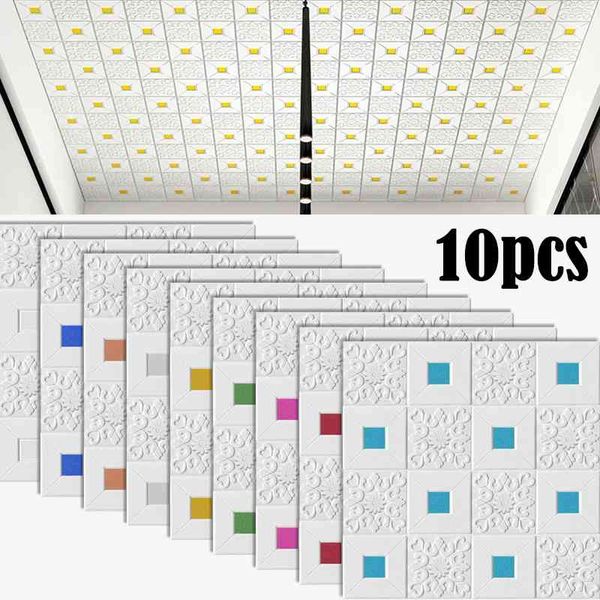 10pcs 3D Stereo Wall Stickers Self-adhesive Ceiling Decoration Sticker Roof Panels Foam Wallpaper Living Room Bedroom House Home 210615