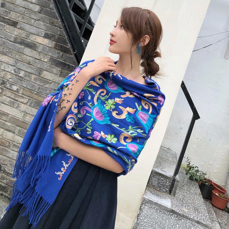 Scarves Oversize 200x70CM Women Embroider Flower Pashmina Cashmere Scarf Winter Thick&Warm Fine Tassels Shawl Travel