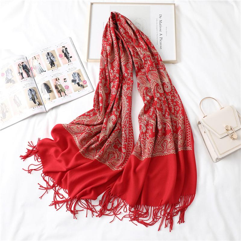 Scarves Autumn And Winter Solid Color Cashew Embroidery Imitation Cashmere Scarf Women Chinese Style Tassel Warm Shawl