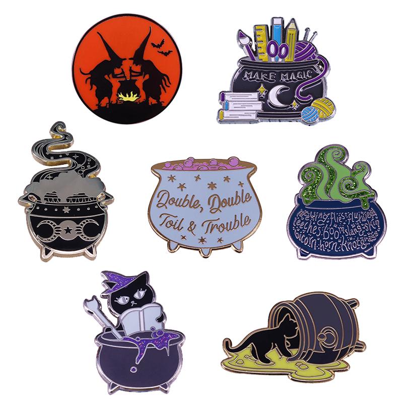 Pins, Brooches Great Shakespeare Tragedy Literature,Double Trouble,Halloween Witch Cat Magic Potion Cauldron Badge Magical Flair Addition
