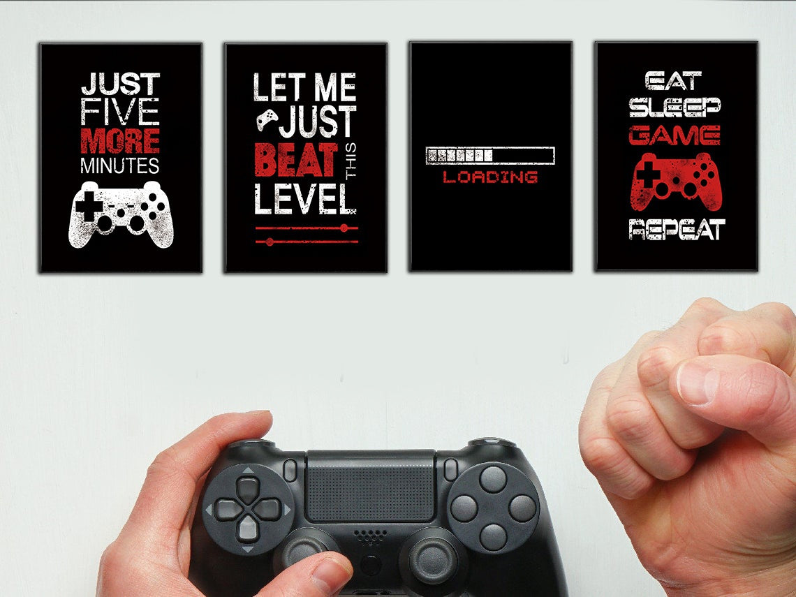 4 Panel Spray Painting Video Game Inspired Quotes Poster Canvas Black White Red Font Gaming Wall Decor Boy&#039;s Room Art Boyfriend Gift Without Fr