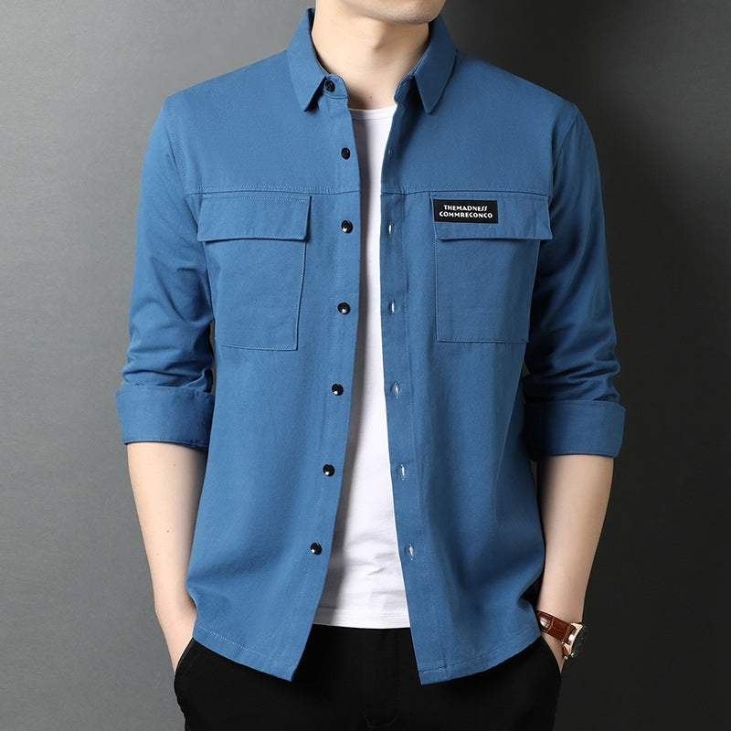 Autumn and winter 2020 New Youth Long Sleeve Shirt Men&#039;s solid color thickened tooling cotton shirt pocket men&#039;s jacket