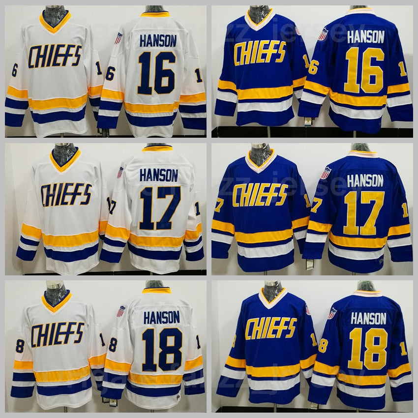 Movie Ice Hockey 17 Steve Hanson Jersey 16 Jack 18 Jeff All Stitched Blue Away White Sports Brothers Charlestown Slap Shot High Quality