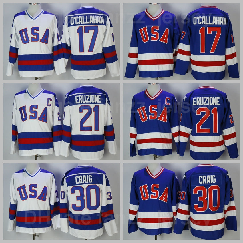 1980 US Ice Hockey 17 Jack Ocallahan Jersey 30 Jim Craig 21 Mike Eruzione Team Blue Away White Embroidery And Sewing Sports Breathable