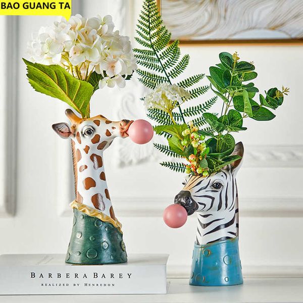 BAO GUANG TA Resin Animal Head Vase FlowerPot Bubble Gum Room Decoration Simulation Zebra Panda Deer Creative Crafts Decor 210623