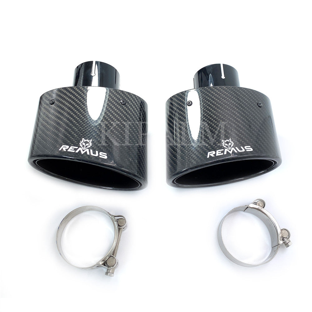 1 Pair Car Universal Oval Remus Sport Glossy Carbon Fiber Exhaust Muffler Tips Black Inner Pipe for Benz AUDI HYUNDAI