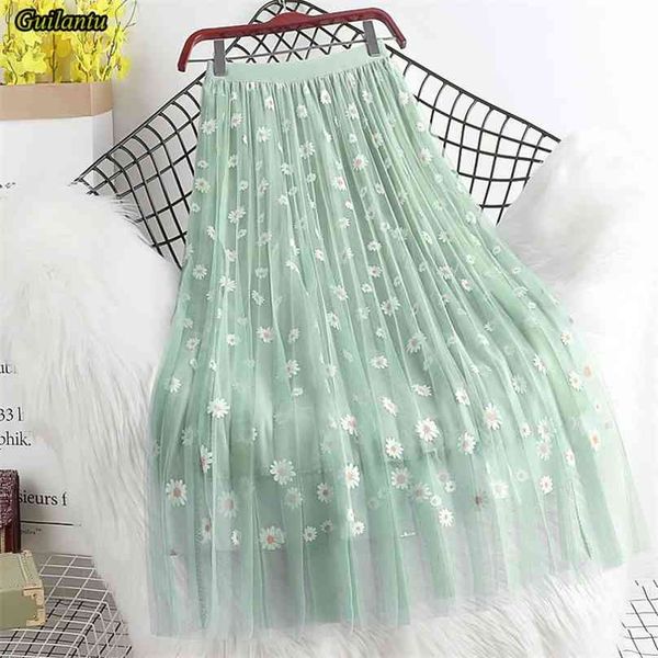 Guilantu Summer Print Floral Tulle Long Skirt Women Fashion High Waist Vintage Mesh Pleated Length Skirts Casual Elastic 210629