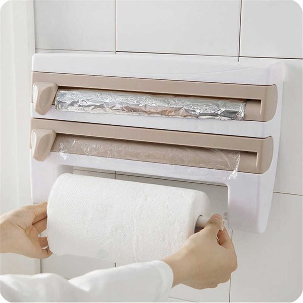 Wall-Mount Paper Towel Holder Sauce Bottle Rack 4 In 1 Cling Film Cutting Holder Mutifunction Kitchen Organizer 210705