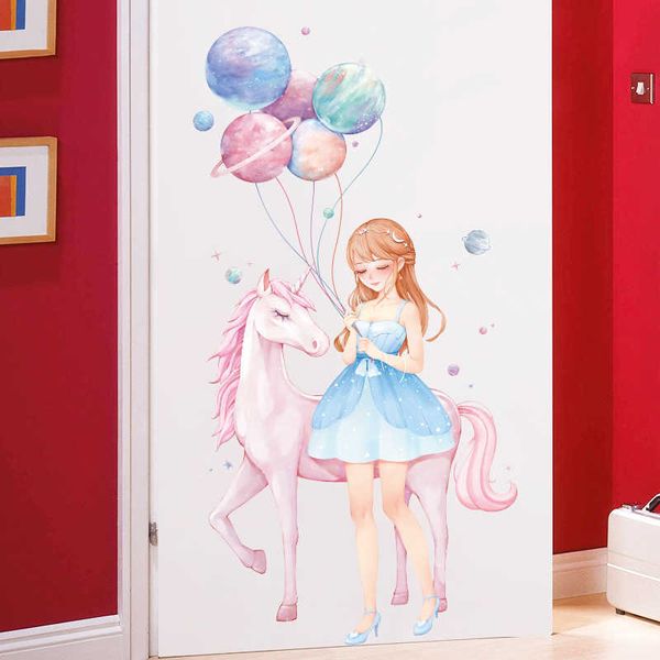 Starry Girl Unicorn Wall Stickers for Kids rooms Girls room Door Wall Decor Removable Vinyl Wall Decals Art Murals Nursery Decor 210705