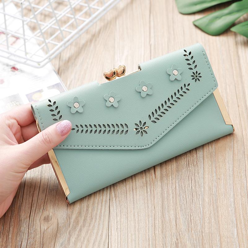 Wallets Ladies Wallet With Hollow Beautiful Flowers Luxury Leather Card Holders Long Purses Woman Clutch Bag 2021