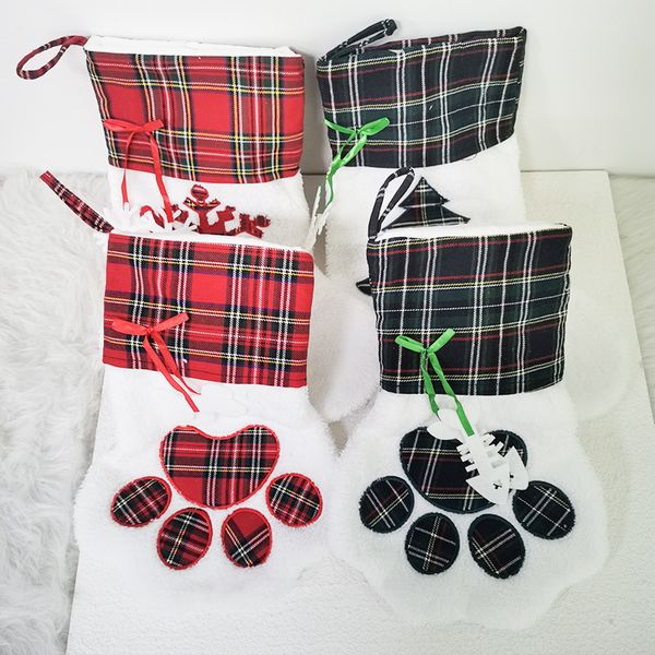 Cat Dog Paw Stocking Christmas Sock Decoration Snowflake Footprint Pattern Xmas Stockings Apple Candy Gift Bag for Kid