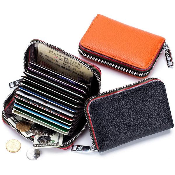 Card Holders Genuine Leather Men Women Holder Small Zipper Wallet Solid Coin Purse Accordion Design ID Business Bags