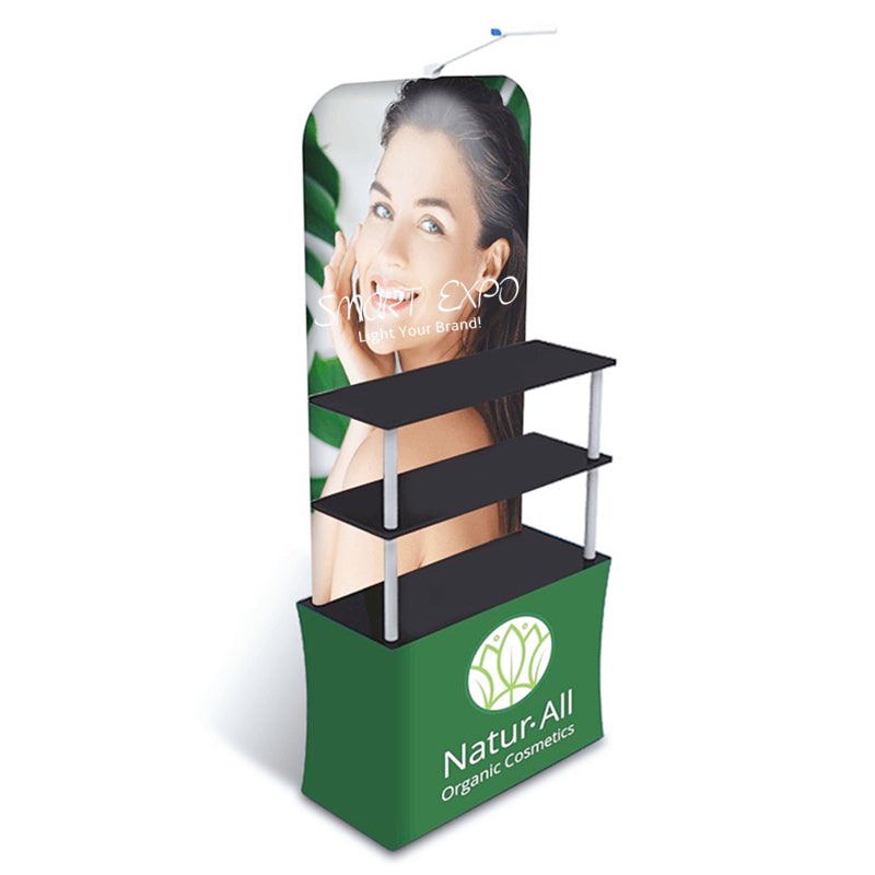 Trade Fair Advertising Display Promtion Counter Rack with HDF Top-Bottom Boards Thick Aluminum Tube Tension Fabric Printed Graphic Portable Carry Ba