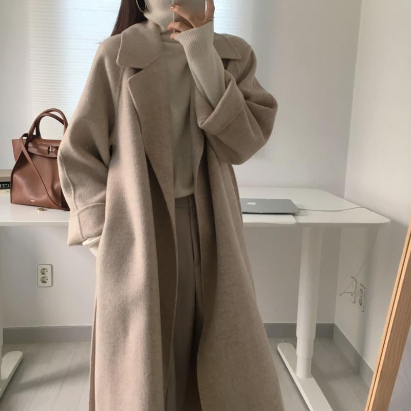 Women Elegant Long Coat With Belt Solid Color Sleeve Chic Outerwear Autumn Winter Ladies Overcoat