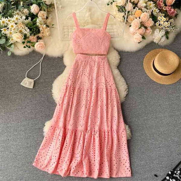 Women&#039;s Holiday Style Suit Sets Summer Short High Waist Camisole Wild Long Skirt Fashionable Two-piece Skirts ML1037 210730