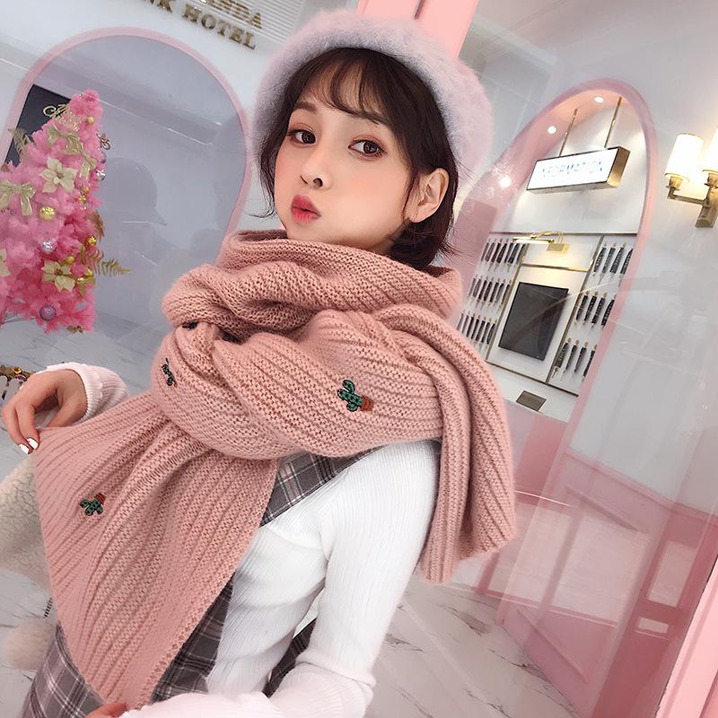 Scarves Women Scarf Korean Wool Student Long Thick Warm Knitting Winter Red Pink Grey Yellow