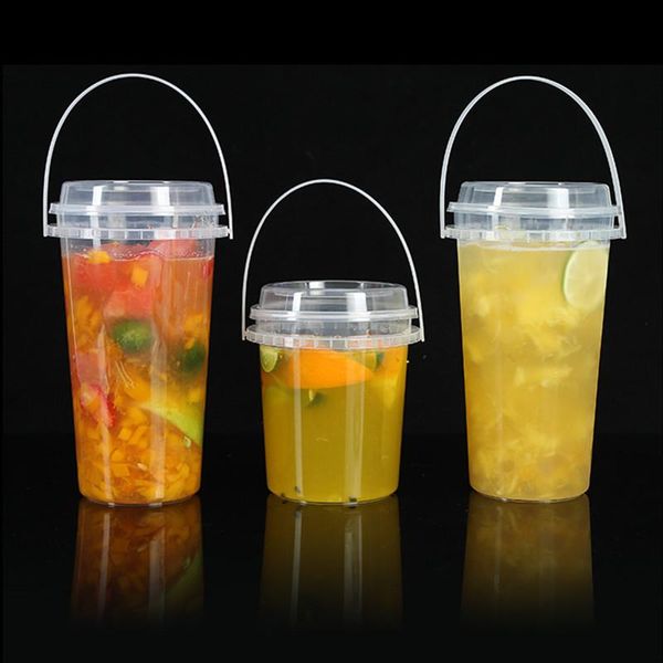 Disposable Cups & Straws 10pcs Net Red 700ml 1000ml Large Transparent Plastic Fruit Juice Dessert Packaging Cup Creative Milk Tea With Handl