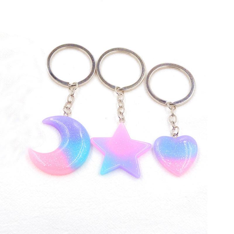 Keychains Resin Keychain & Keyring Heart Half Moon Star Key Bag Pendant Blue Pink Glitter Chains Cute Romantic Couples Gift