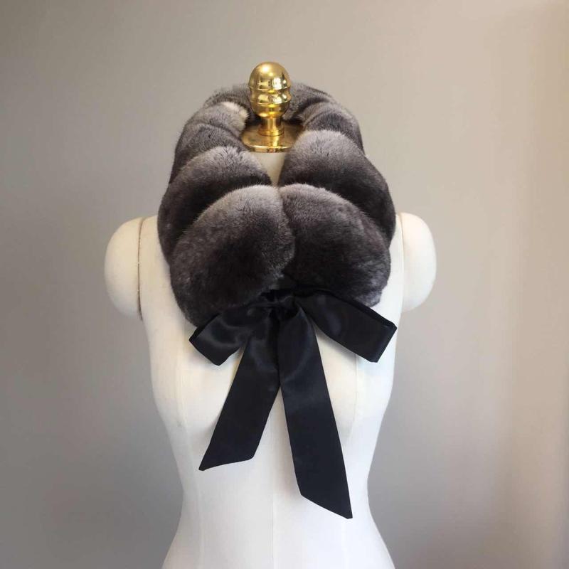Scarves Design Fur Collar Black Velvet Real Chinchilla Scarf Winter Style Fashion Wraps With Ribbon