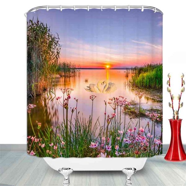 Sunset Dusk River Scenery Shower Curtain Plant Flower Tree Forest Waterfall Spring Summer Landscape Home Decor Bathroom Curtains 210915